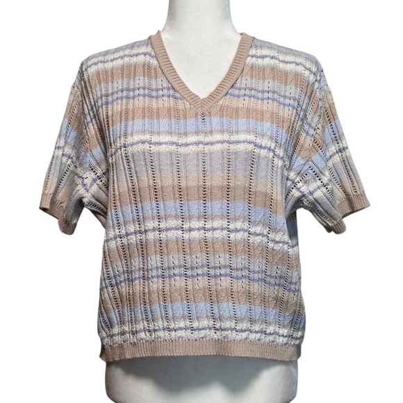 Vintage 90s Liz Claiborne Striped Knit Sweater Petite M Preppy Coastal Pastel - Picture 2 of 9